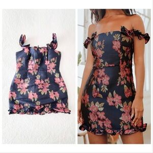 NWOT Lulus Pop the Bottle Navy Blue Floral Jacquard Ruffled Mini Dress XLarge